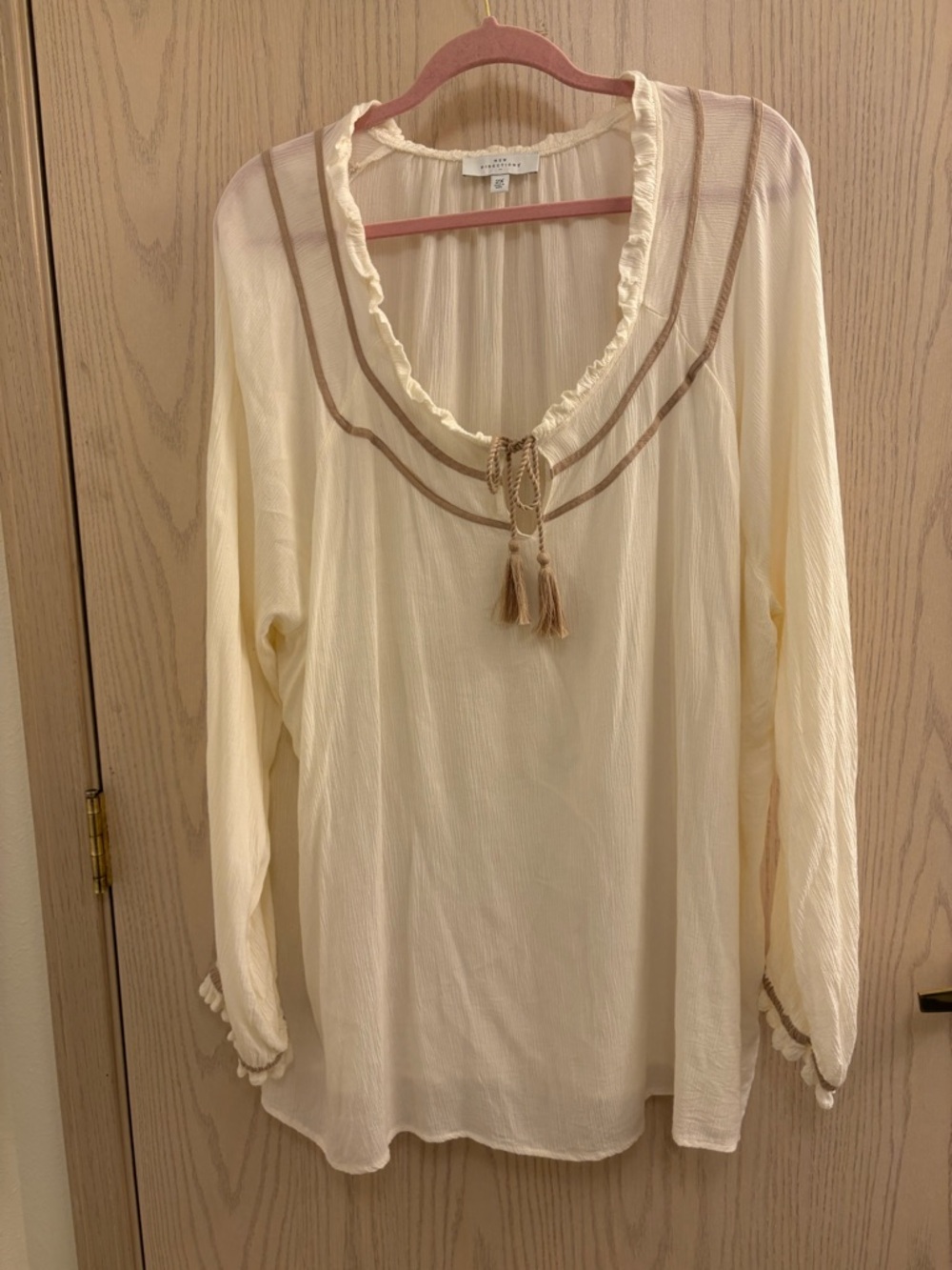 New Directions Cream Peasant Blouse with Tassel Tie and Taupe Accents